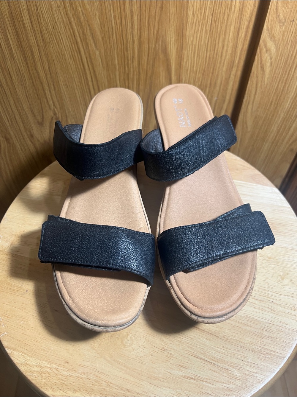 Naot Black Double-Strap Slide Sandals with Tan Footbed